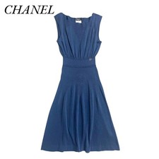 CHANEL Knit Dress Waist Gathered Here Mark Party