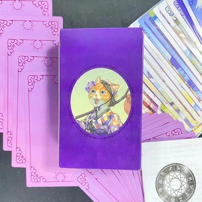 Purple Cat Tarot Deck 78 Cards Cute Feline Art with Guidebook 12x7cm
