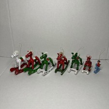 7 Vintage Christmas Wood Rocking Horse Ornaments Hand Painted holiday Red White
