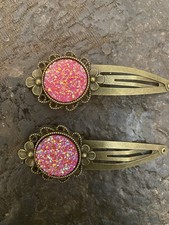2 Vintage Bronze Floral Filigree W/ Coral Glitter Druzy Snap-in Hair clips