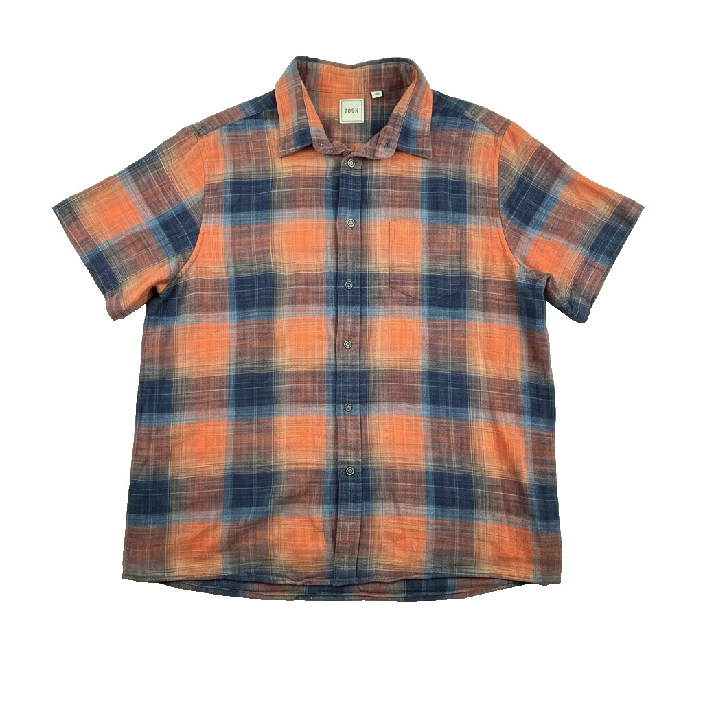ROWM Men's Short Sleeve Plaid Button Down Shirt XL Coastal Preppy Casual Summer