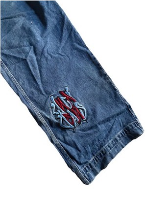JNCO Rollin 26” leg opening baggy jeans with graffiti emroidery