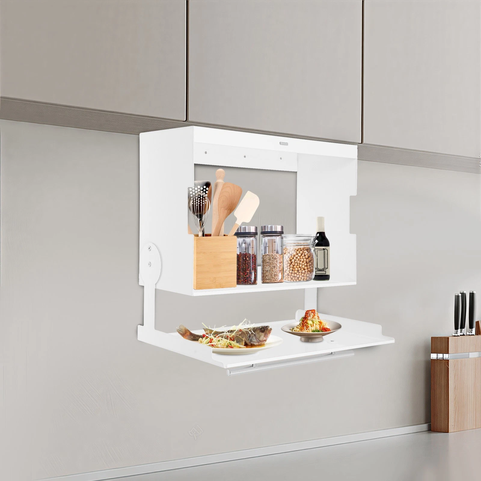 Kitchen Storage Rack with Pull-down Cover Wall Spice Organizer Under Cabinet