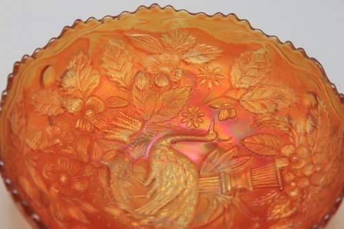 Vintage Fenton Marigold Carnival Glass "Peacock On Urn" Bowl 8" - Picture 6 of 8