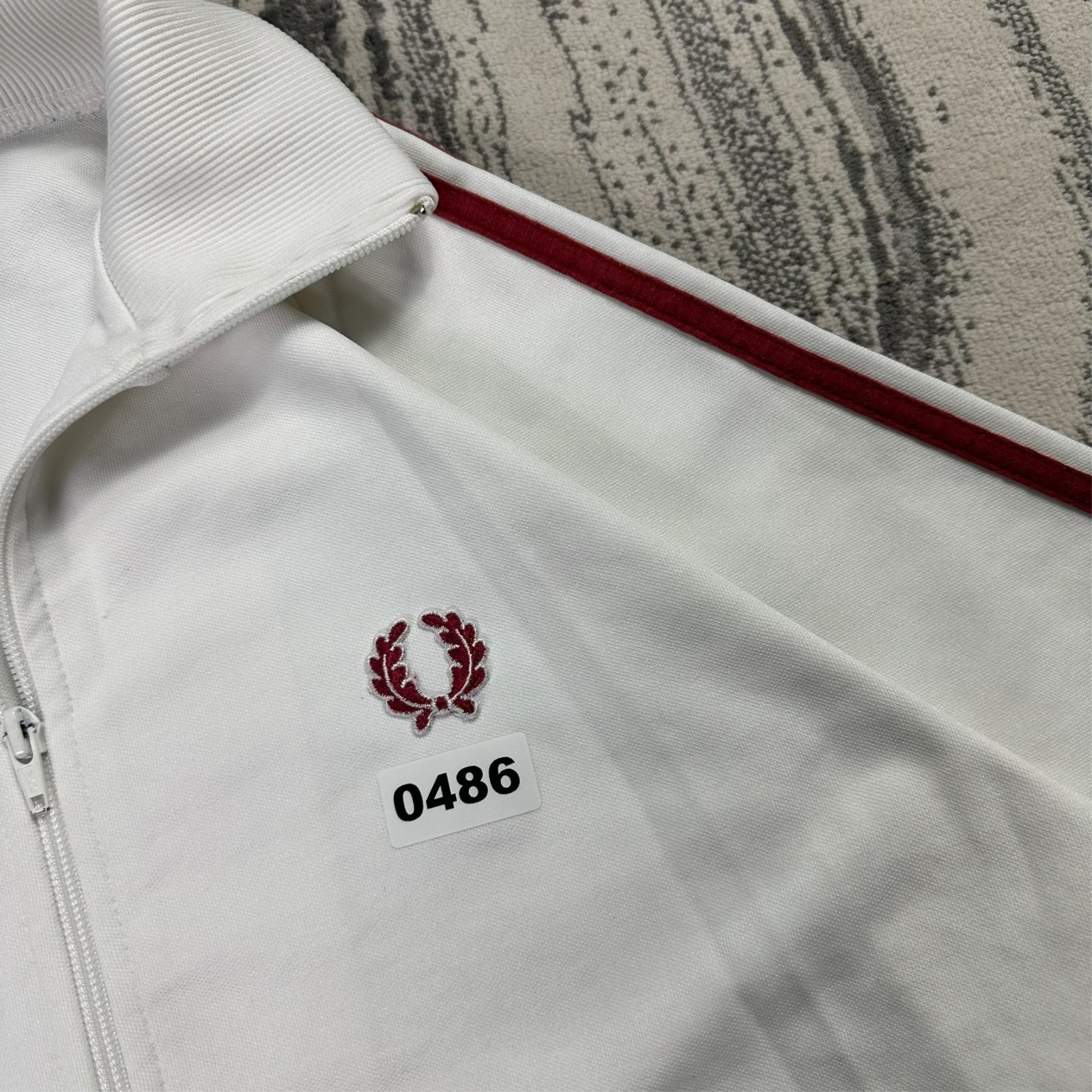 Vintage Fred Perry 1990's White Burgundy Size Medium Funnel Neck Track Jacket image 2