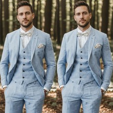 Linen Men's Suit Sky Blue Formal Wedding Tuxedo Summer Beach Casual Three Pieces