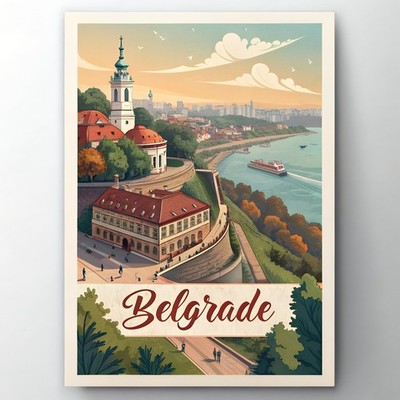 Belgrad, Serbien - Lebendiges Stadtbild Reise Poster - Retro Kunstdruck_mehrDetail_