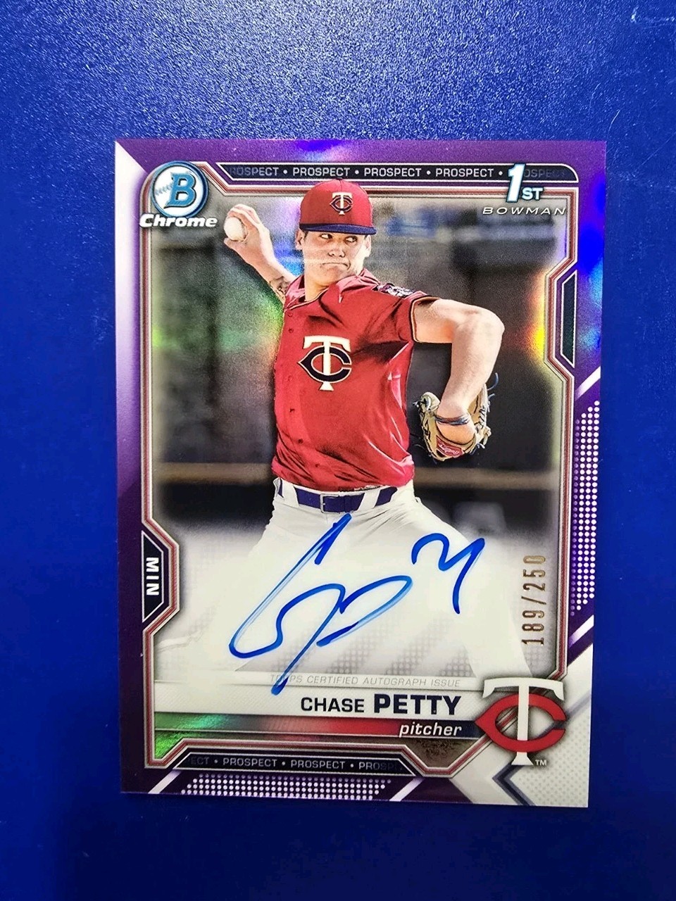 2021 Bowman Chrome Draft Chase Petty Purple Refractor 1st Auto /250 Reds Twins