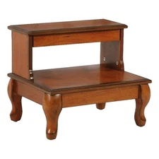 Linon Beatrice Wood Bed Steps Queen Anne Legs & Hidden Drawer in Antique Cherry