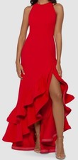 Betsy  Adam Red Halter High-Low Gown With Ruffle Detail Size 12 Made In USA