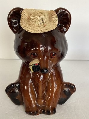 Large Wax Candle Brown Bear Cub With Hat & Bee On Nose Figurine Vintage