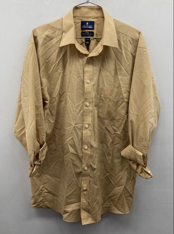 Stafford Men's Tan Travel Easy-Care Broadcloth Regular Fit Dress Shirt L 16