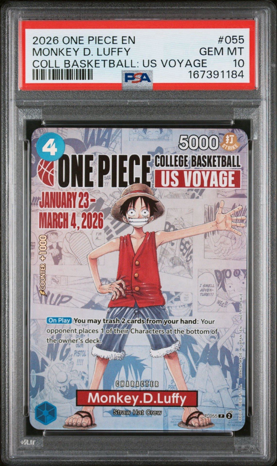 2026 ONE PIECE COLLEGE BASKETBALL: US VOYAGE PROMOS #055 MONKEY D. LUFFY PSA 10
