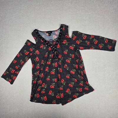 By & By Womens XXL Cold Shoulder Top Floral Polka Dot Lace Up Grommet Black Red