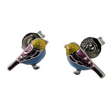 Charming Enamel Tiny Bird Stud Earrings in Sterling Silver