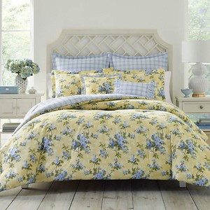 100 Cotton Classic Garden Yellow Blue Roses 7 Pcs King Queen