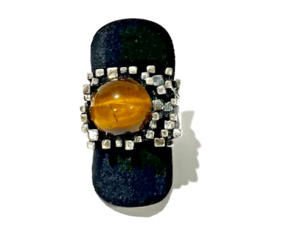 925/- Silberring, Tigerauge, Cabochon, Gr. 56, Muster, Vintage, guter Zustand.