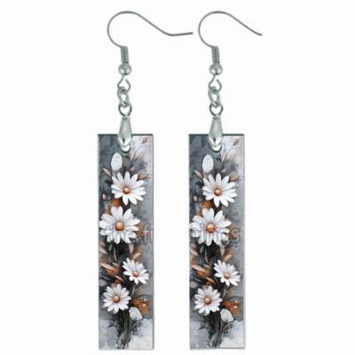 Boho Daisy Flowers Bar Earrings Wood Dangle Handcrafted Floral Jewelry Gift