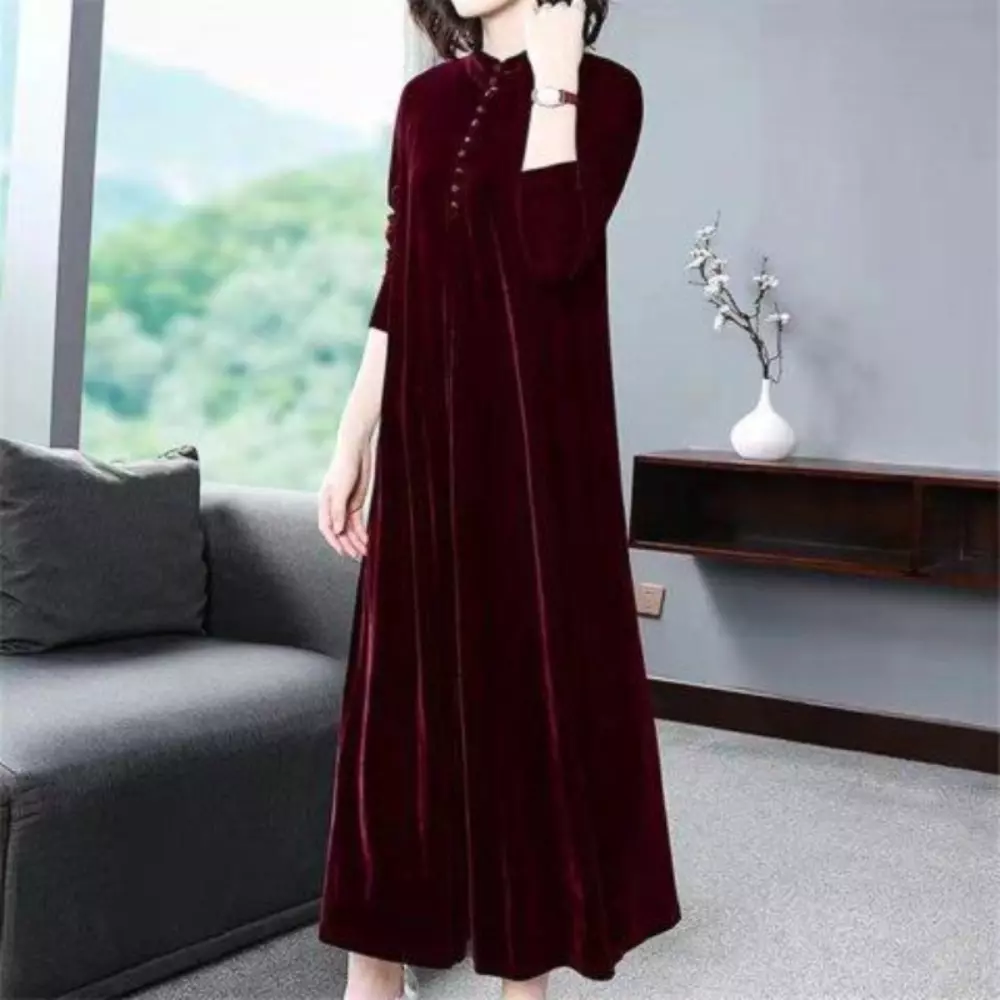 Women's Velvet Winter Formal Dress Long Sleeve Round Neck Elastic Maxi  Dress with Belt Cocktail Party Dress