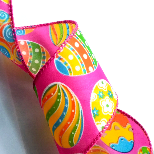 Easter 2.5" by 2 yards Pink Wired Ribbon Glittered Patterned Large Eggs Designer - Picture 7 of 15