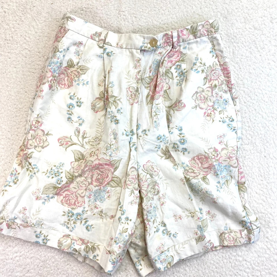 Pantalones Cortos Hunt Club Lino Mamá 10 Rosa Crema Floral Costero Cottagecore Playa Nuevos sin Etiquetas Foto 2 de 4