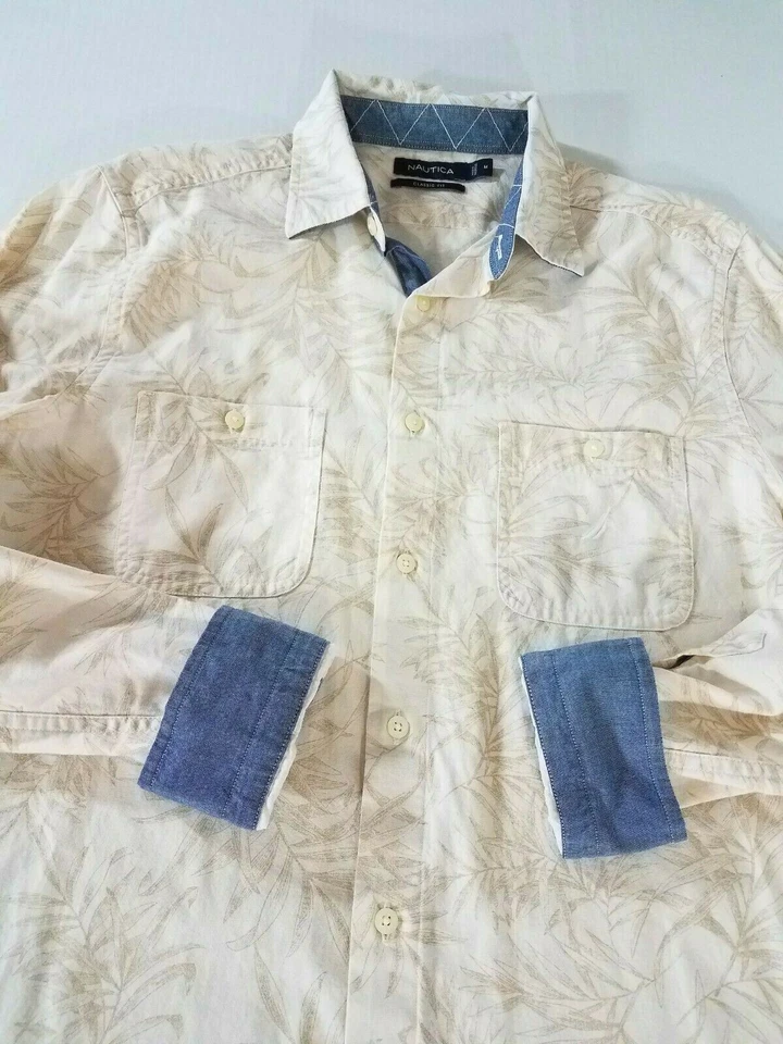 Nautica Classic LS Flip Cuffs Bamboo Leaf Print Button Down Shirt Men M Runs Big - Image 2 of 4