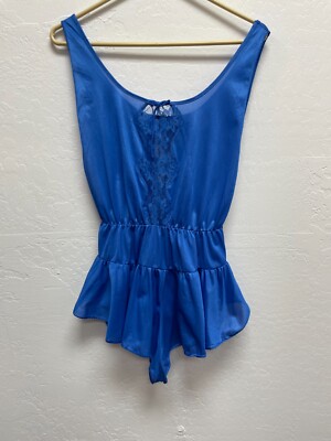 Vintage Petra Fashions Lingerie Nylon Satin M Royal Blue Lace Romper Ruffle