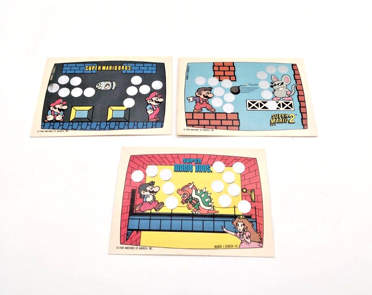 1989 Topps Nintendo Super Mario / 2 Scratch Offs Lot 3 Bowser Peach Mario Mouser