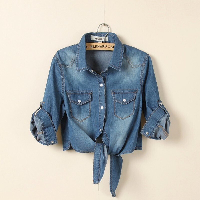 Women's 3/4 Sleeve Denim Crop Top Tie Knot Shirt Cardigan