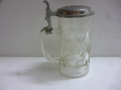 Hacker Bräu München 1417 Alter Bier Glaskrug mit Zinndeckel 0,4 L 1920er Jahre