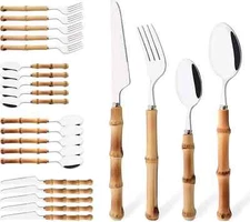 Bamboo Silverware Ser, 24-Piece Natural Bamboo Flatware Cutlery Set for 6, Stain