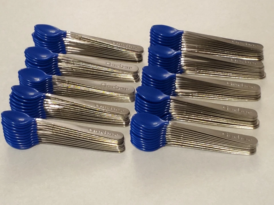 Lote de 100 cucharas bebé GERBER punta suave mordida hechas en EE. UU. Acero inoxidable azul infantil nuevas Foto 2 de 4