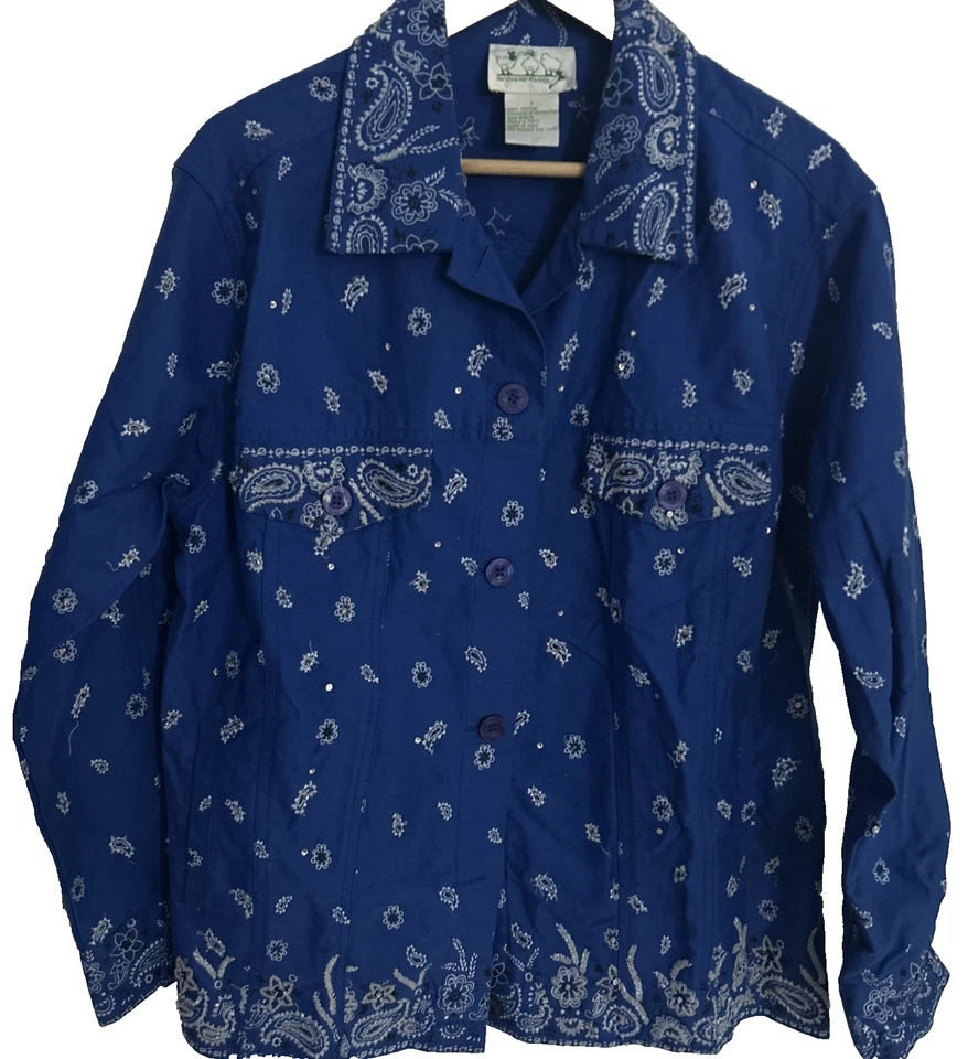 Chaqueta de cachemira azul Quacker Factory para mujer talla L bordada con cuentas tipo jean Foto 2 de 4