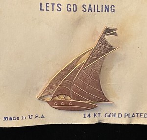 Authentic NOS Vintage LETS GO SAILING 14k Gold Plated Pin Brooch 1.5'' x 1 1/4'' USA