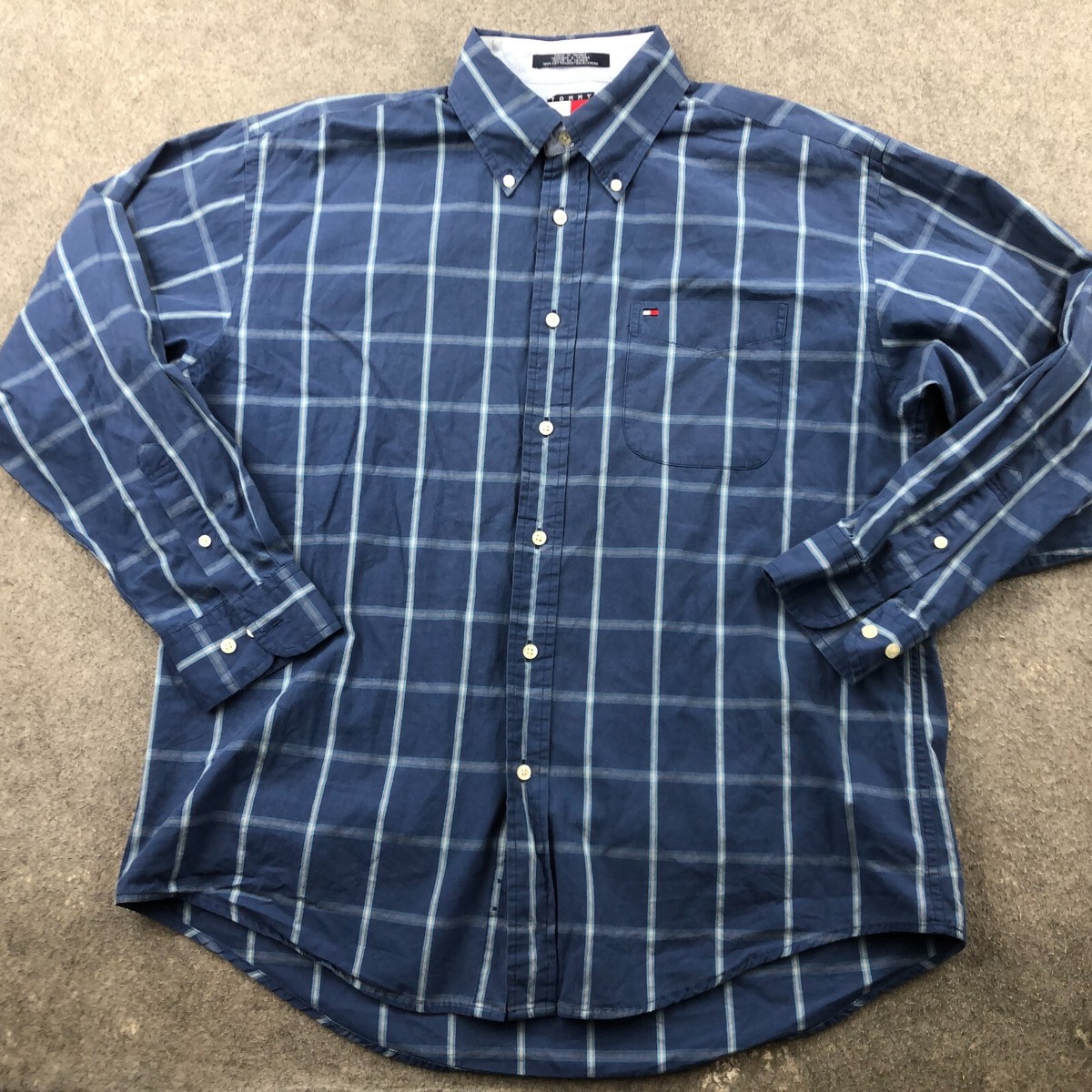 トミーヒルフィガー Vintage Tommy Hilfiger Shirt Men Large Blue Check Plaid Pockets | eBay
