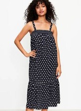 New Ann Taylor LOFT Navy Ocean Shell Smocked Pockets Ruffle Midi Tank Dress S M