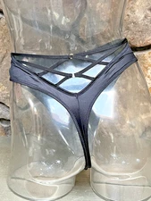 Victoria's Secret High Waist Satin Strappy Back THONG Panty Sz M BLACK NWT$18.95