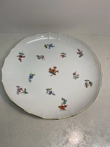 Meissen Scattered Flowers 10-1/4” Round Platter Cake Plate Gold Edge X Mark HTF
