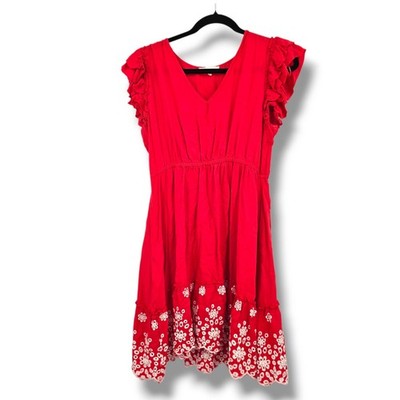 Solitaire Boho Red Dress Ruffle Sleeve Embroidered Hem Summer Mini Size M