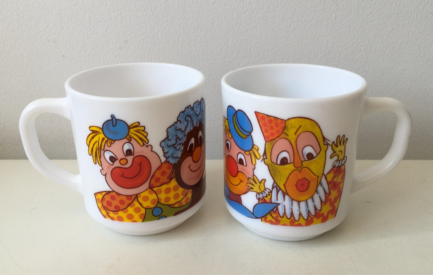 Pair of Vintage Arcopal France White Milk Glass Collectible Clown Mugs