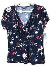 NWT CHAPS Women's Polyester Blouse Short Sleeve Pleated Floral Multicolor Size L