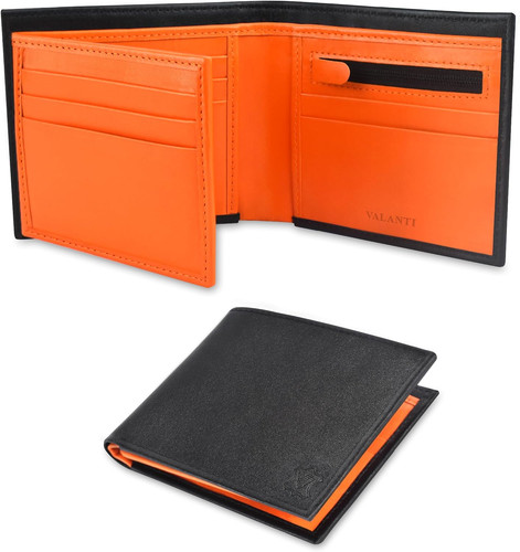Genuine Leather Mens Wallet RFID Bifold Card Holder With Coin Pocket & ID Window