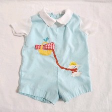 Vintage Nannette Baby Boy Puppy Dog Blue Bird Applique Shorts Romper NO SIZE TAG