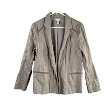 Chicos Blazer Womens Size L 2 Tan Metallic Open Front Jacket Crinkle