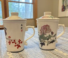 Teavana Exclusive Ceramic Tea 2 Cups w/ Lid Strainer Floral , Berries & Birds