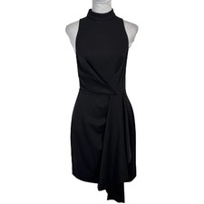 Trina Turk Drape Front Mock Neck Dress Size 6 Black Sexy Cocktail LBD Minimalist