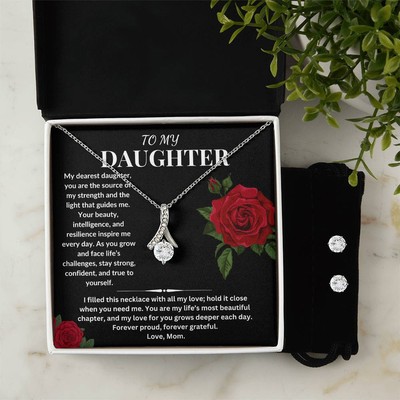 To My Daughter Gift From Mom Alluring Beauty Necklace & Earring Set With Message