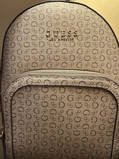 GUESS Beige Logo Print Backpack Navy Straps Gold Hardware Front Zip Pocket