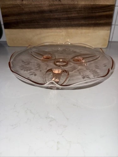 Vintage Lancaster Pink Depression Footed Glass Cake Plate Jubilee Petal USA 10.5