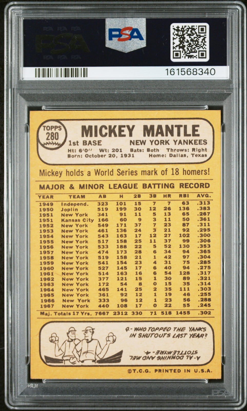 1968 TOPPS #280 MICKEY MANTLE PSA 5 view 2